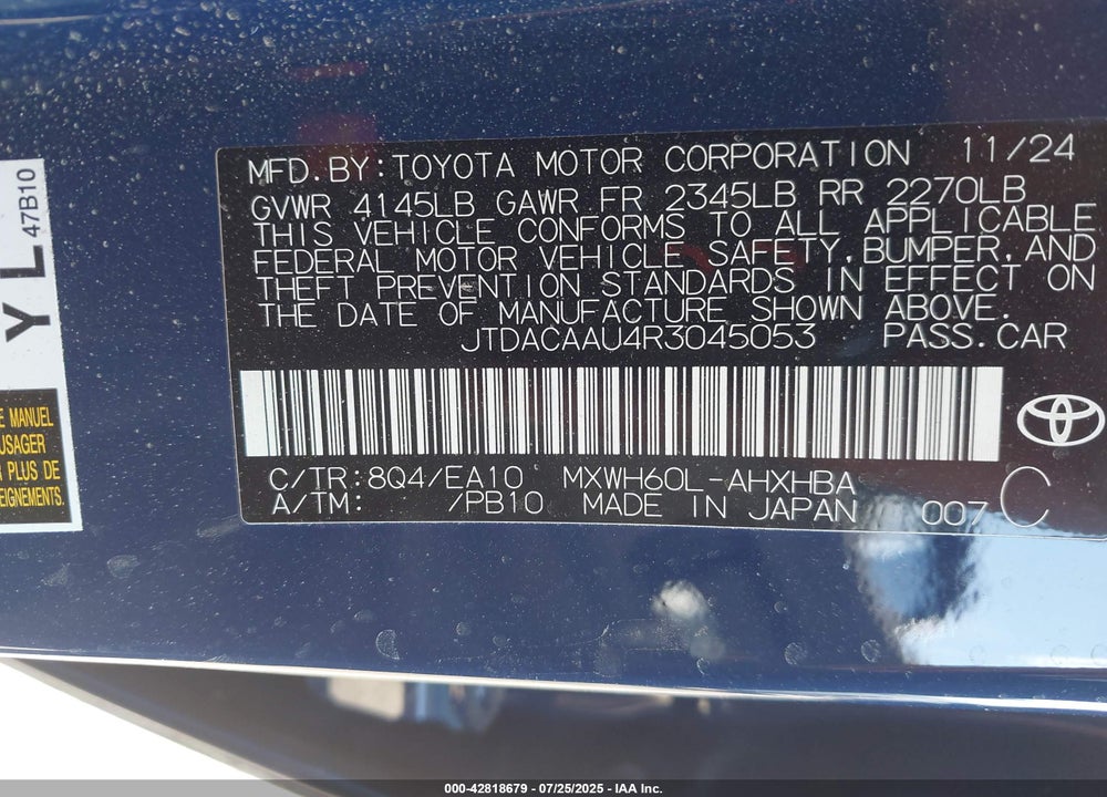 2024 TOYOTA PRIUS VIN: JTDACAAU4R3045053