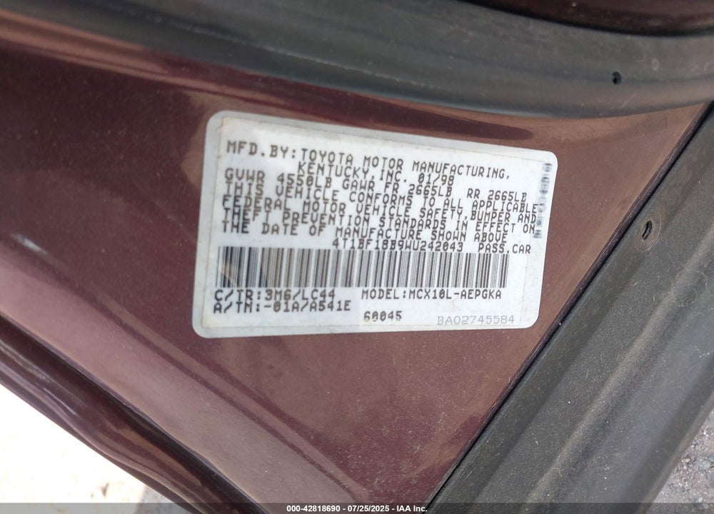 1998 TOYOTA AVALON VIN: 4T1BF18B9WU242043