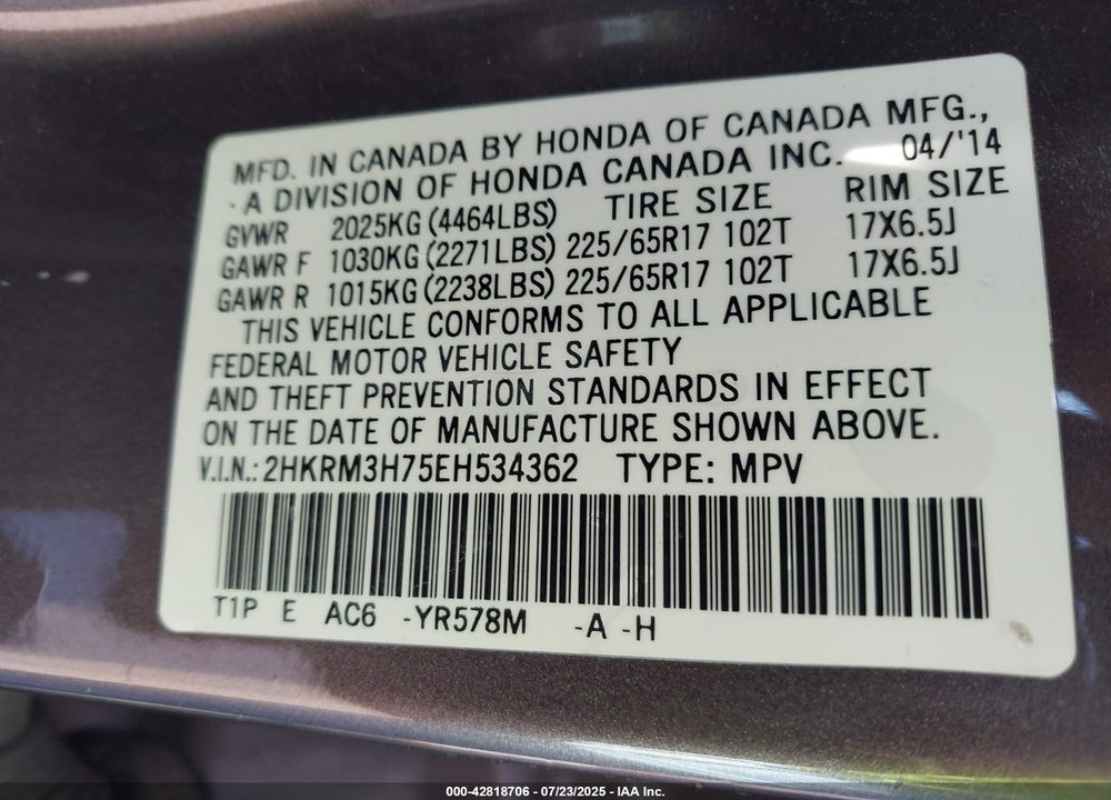 2014 HONDA CR-V VIN: 2HKRM3H75EH534362