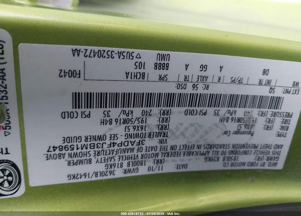 2011 FORD FIESTA VIN: 3FADP4FJ3BM159847