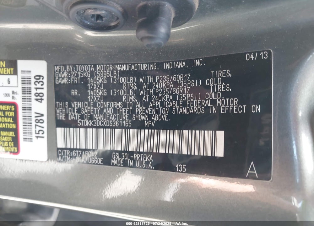2013 TOYOTA SIENNA VIN: 5TDKK3DCXDS361165