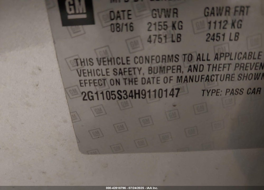 2017 CHEVROLET IMPALA VIN: 2G1105S34H9110147