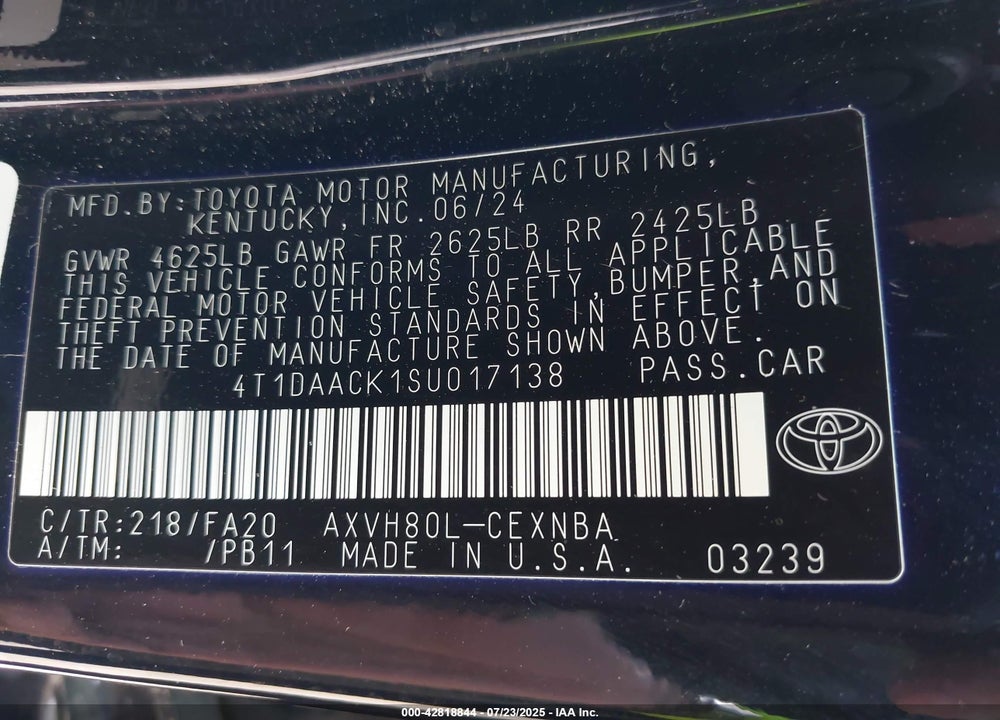 2025 TOYOTA CAMRY VIN: 4T1DAACK1SU017138