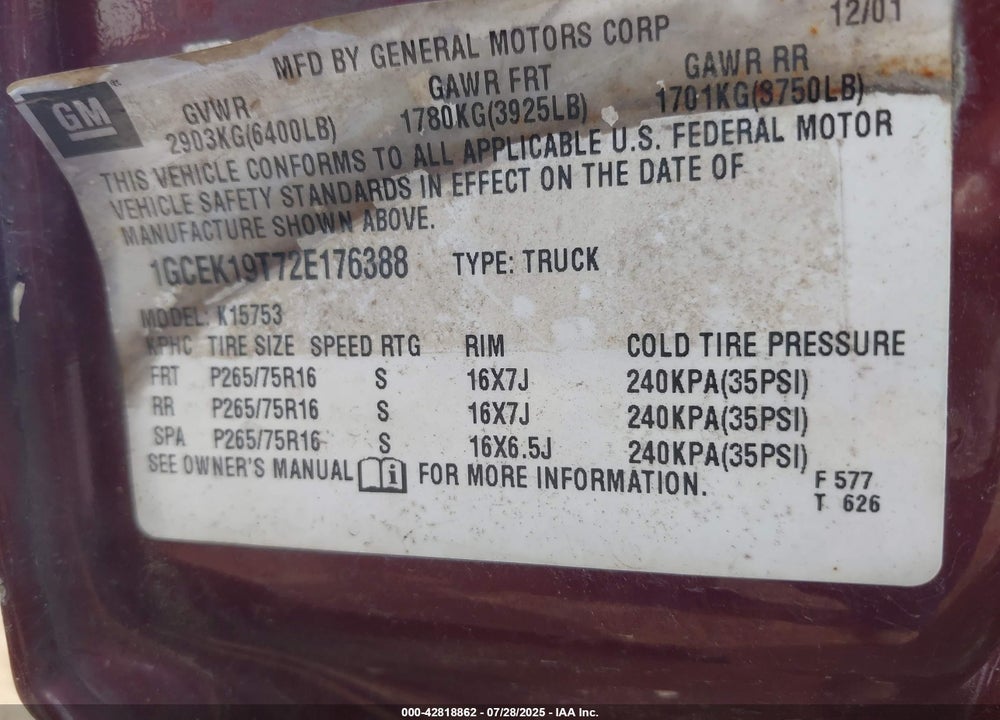 2002 CHEVROLET SILVERADO 1500 LS VIN: 1GCEK19T72E176388