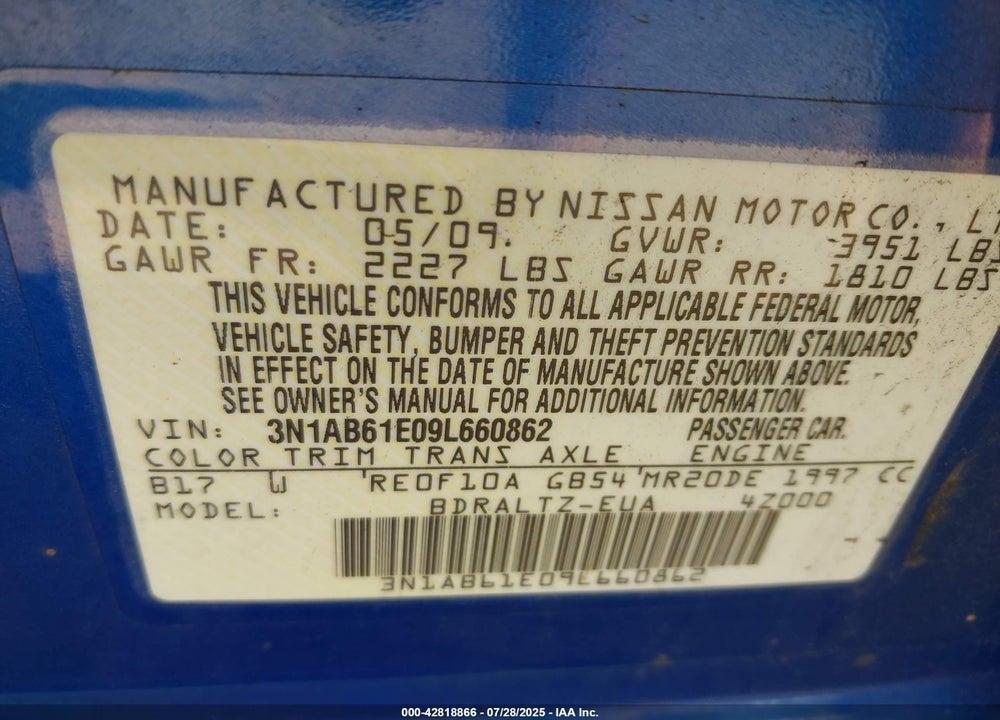 2009 NISSAN SENTRA VIN: 3N1AB61E09L660862
