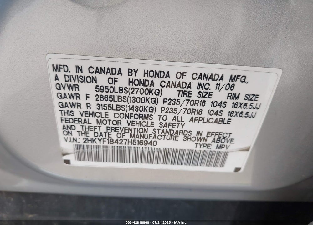 2007 HONDA PILOT VIN: 2HKYF18427H516940