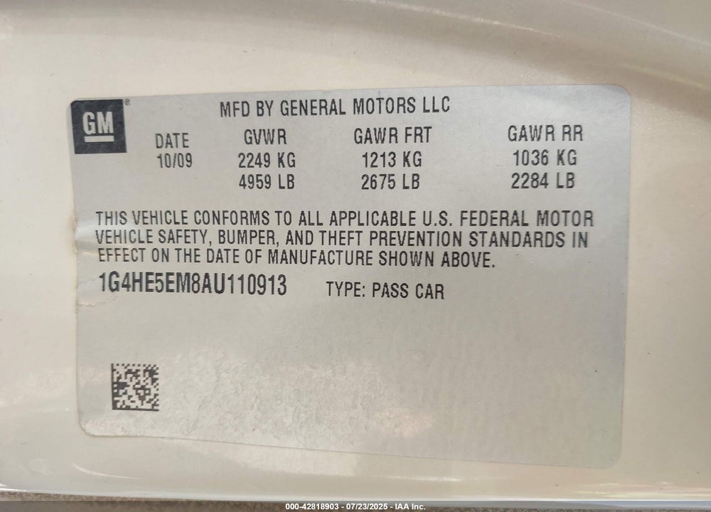 2010 BUICK LUCERNE VIN: 1G4HE5EM8AU110913