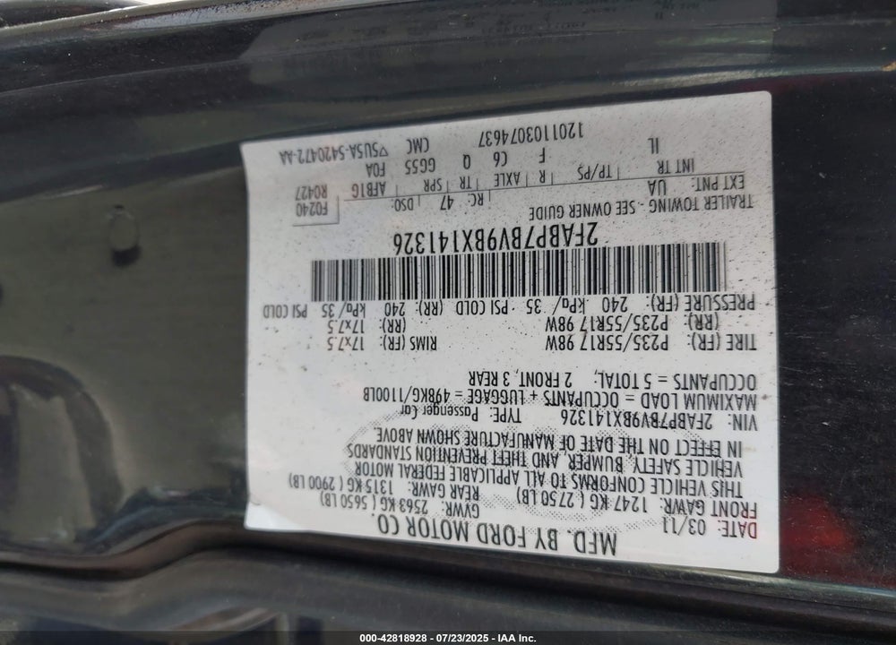 2011 FORD CROWN VICTORIA VIN: 2FABP7BV9BX141326