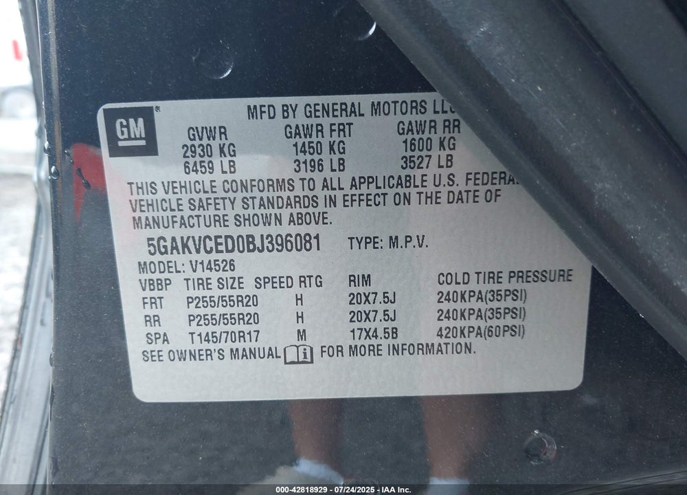2011 BUICK ENCLAVE VIN: 5GAKVCED0BJ396081