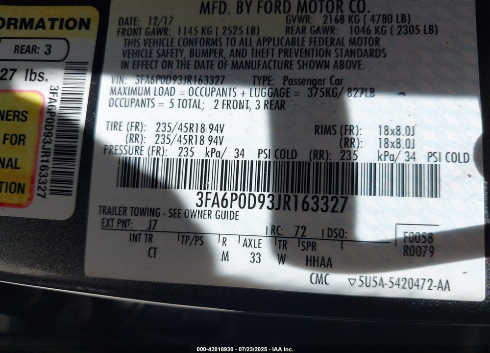 2018 FORD FUSION VIN: 3FA6P0D93JR163327