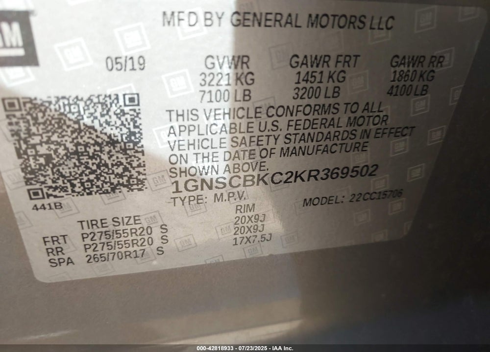 2019 CHEVROLET TAHOE VIN: 1GNSCBKC2KR369502