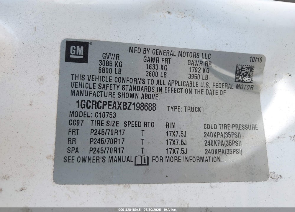 2011 CHEVROLET SILVERADO 1500 VIN: 1GCRCPEAXBZ198688