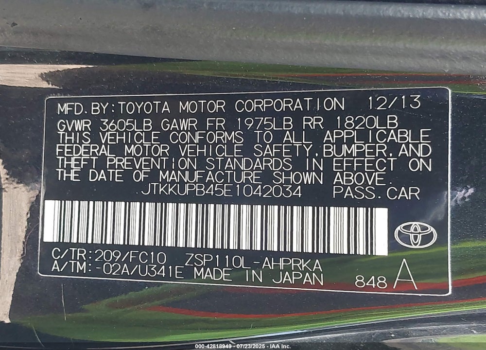 2014 SCION XD VIN: JTKKUPB45E1042034