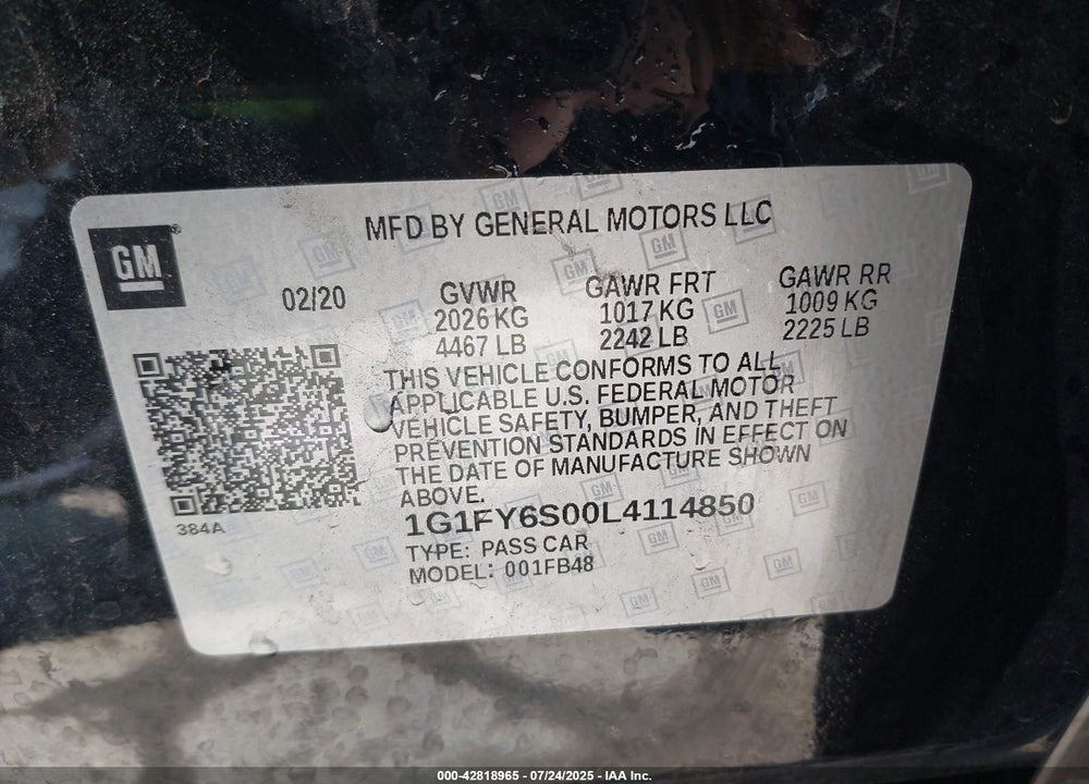 2020 CHEVROLET BOLT EV VIN: 1G1FY6S00L4114850