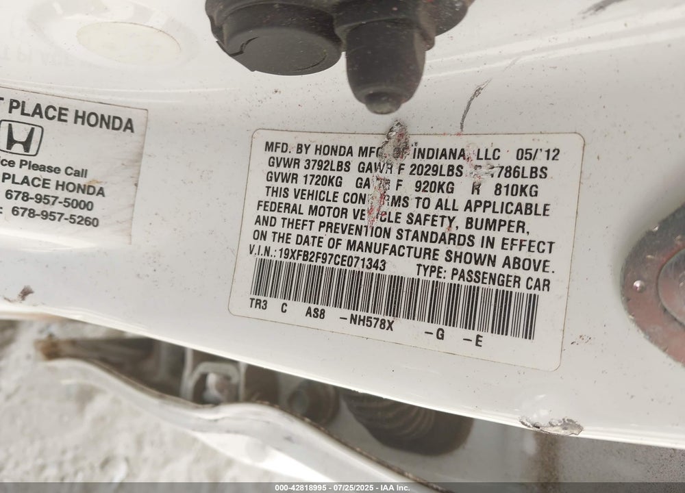 2012 HONDA CIVIC VIN: 19XFB2F97CE071343