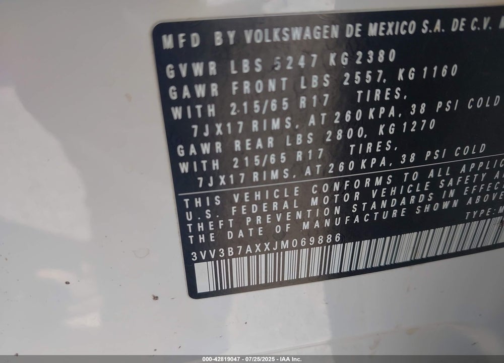 2018 VOLKSWAGEN TIGUAN 2.0T SE/2.0T SEL VIN: 3VV3B7AXXJM069886