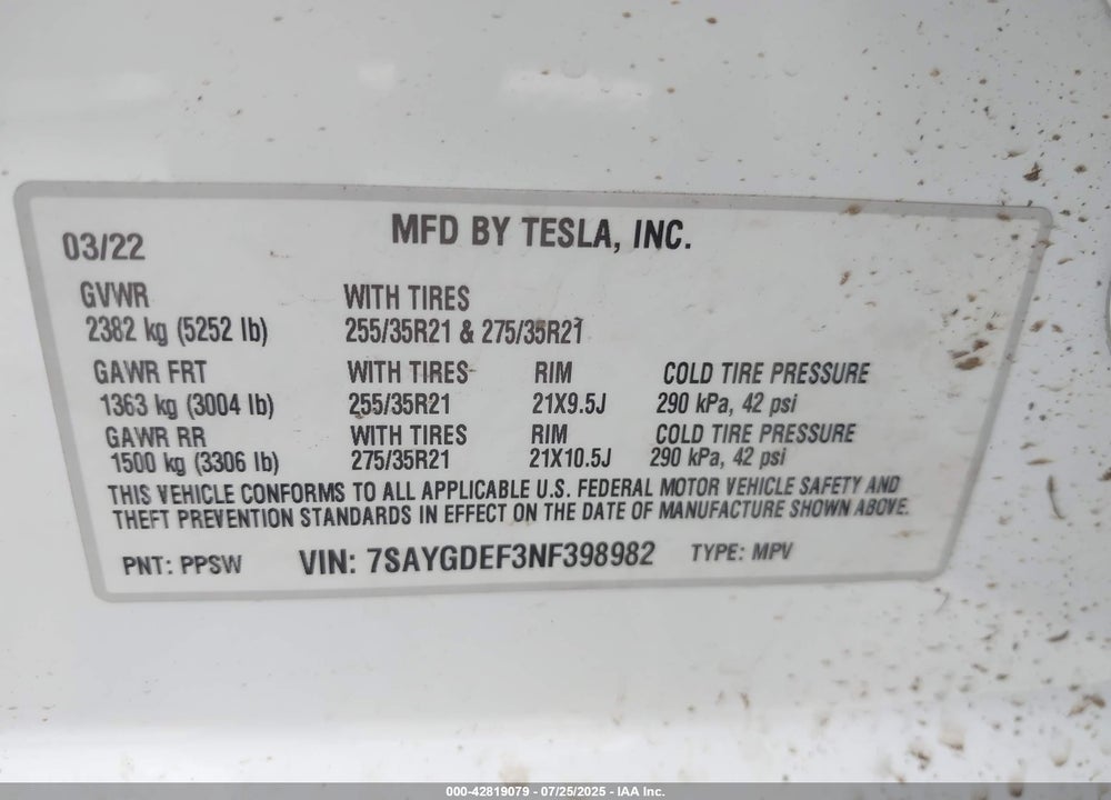 2022 TESLA MODEL Y VIN: 7SAYGDEF3NF398982