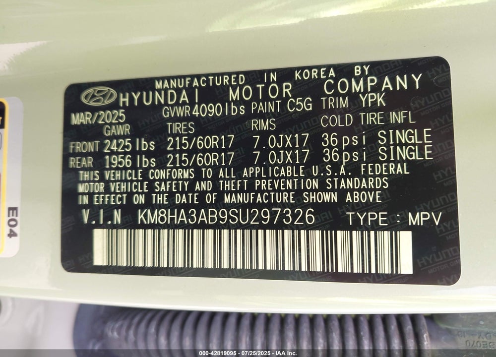 2025 HYUNDAI KONA VIN: KM8HA3AB9SU297326