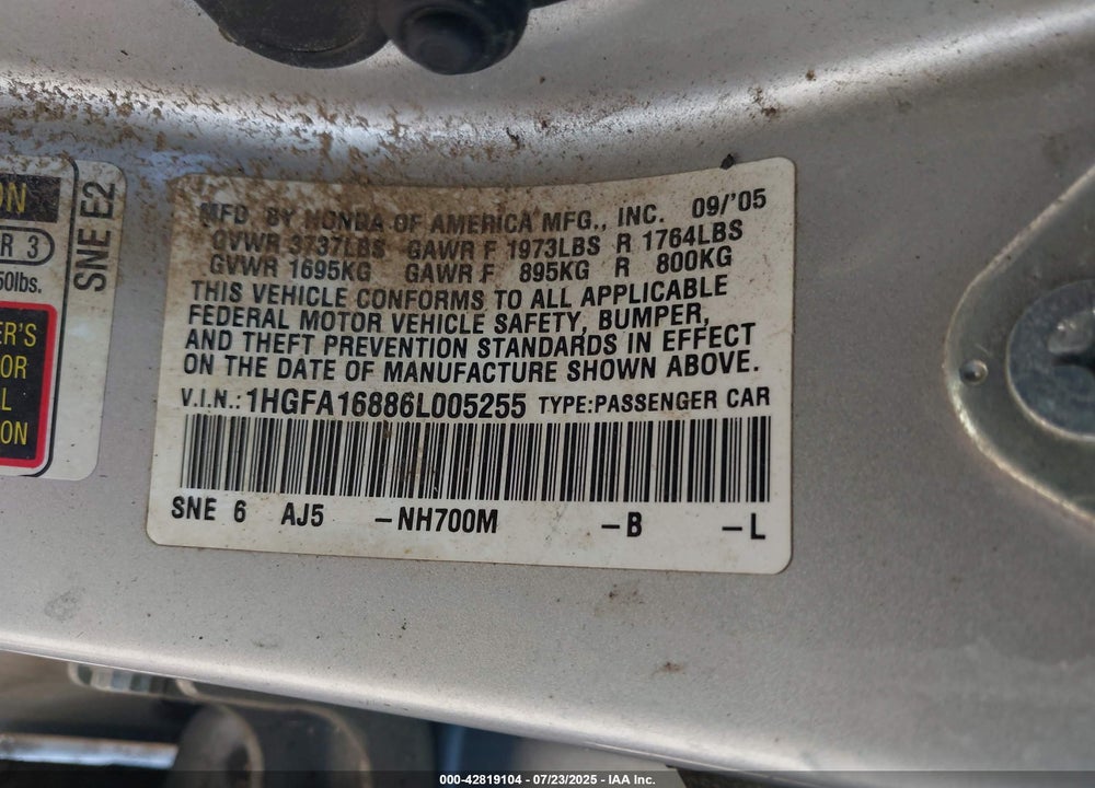 2006 HONDA CIVIC VIN: 1HGFA16886L005255