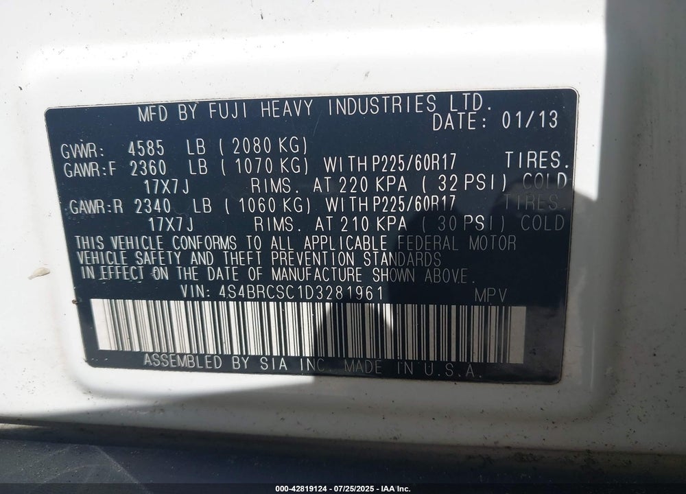 2013 SUBARU OUTBACK VIN: 4S4BRCSC1D3281961