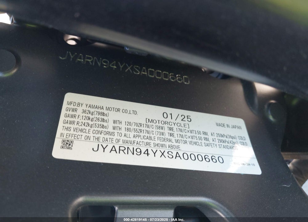2025 YAMAHA MT09 C VIN: JYARN94YXSA000660