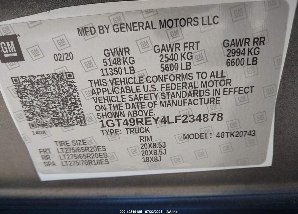 2020 GMC SIERRA 2500HD 4WD  STANDARD BED DENALI VIN: 1GT49REY4LF234878