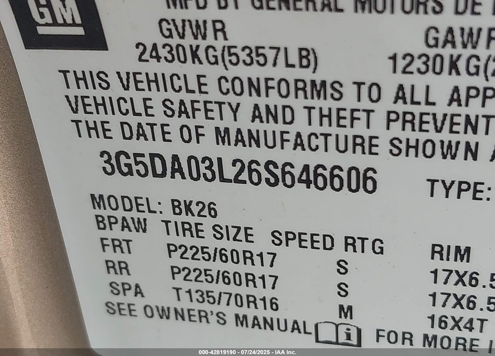 2006 BUICK RENDEZVOUS VIN: 3G5DA03L26S646606
