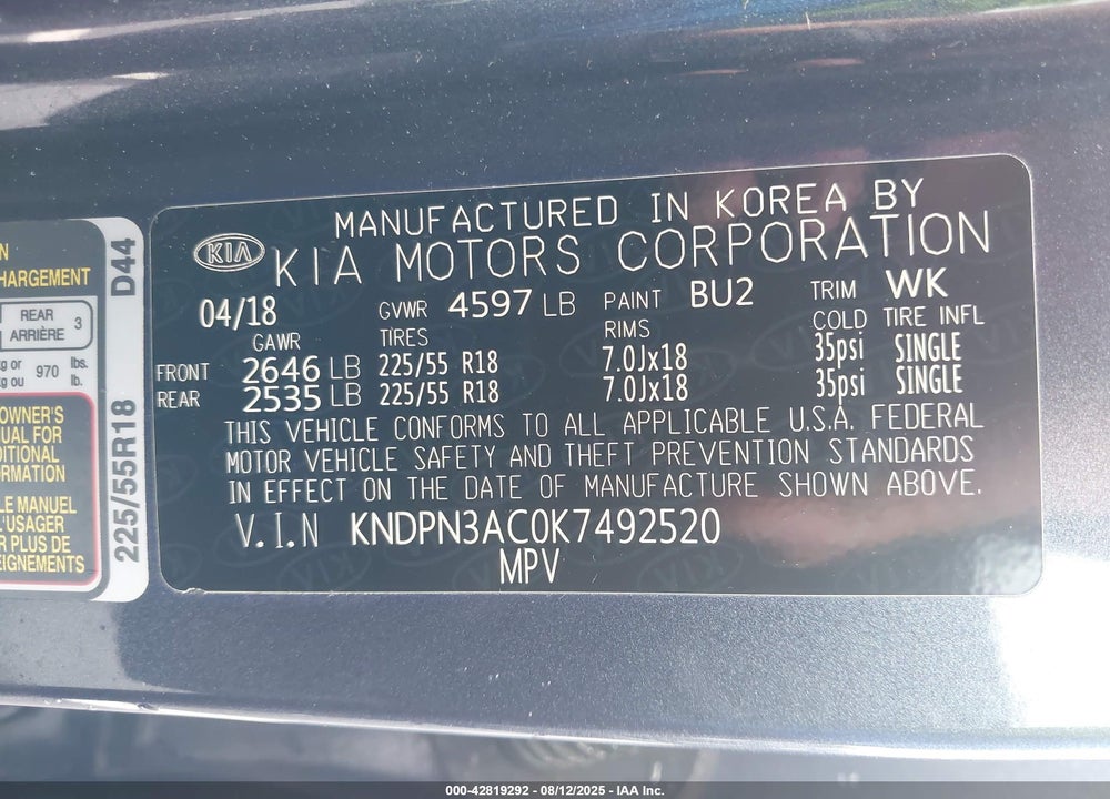2019 KIA SPORTAGE EX VIN: KNDPN3AC0K7492520