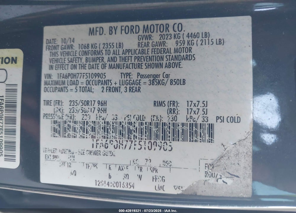 2015 FORD FUSION VIN: 1FA6P0H77F5109905