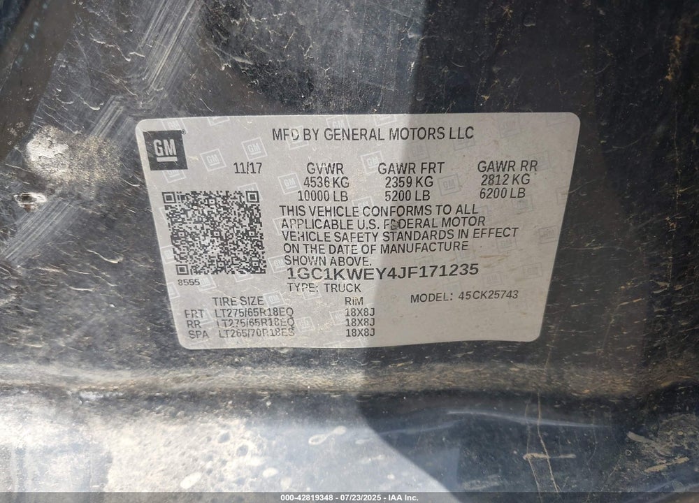 2018 CHEVROLET SILVERADO 2500 VIN: 1GC1KWEY4JF171235