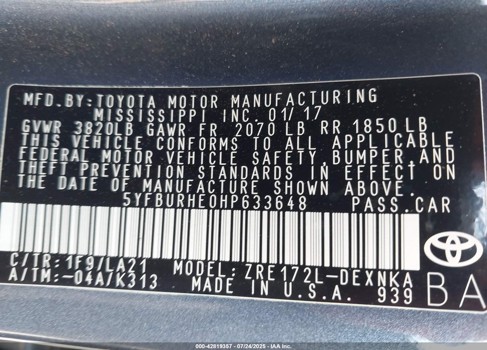 2017 TOYOTA COROLLA VIN: 5YFBURHE0HP633648