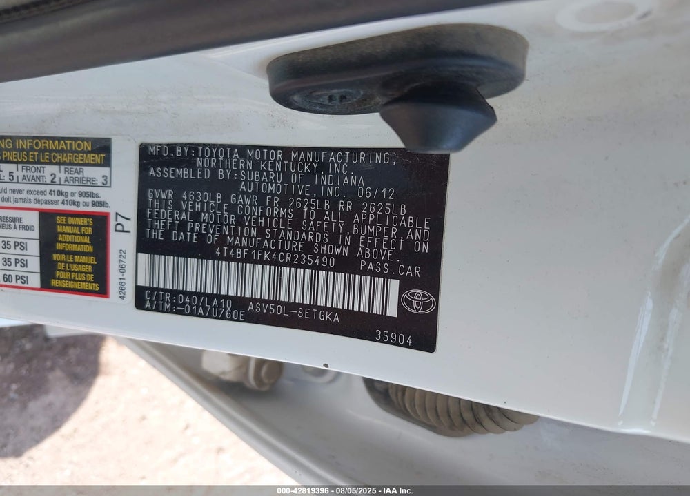 2012 TOYOTA CAMRY VIN: 4T4BF1FK4CR235490