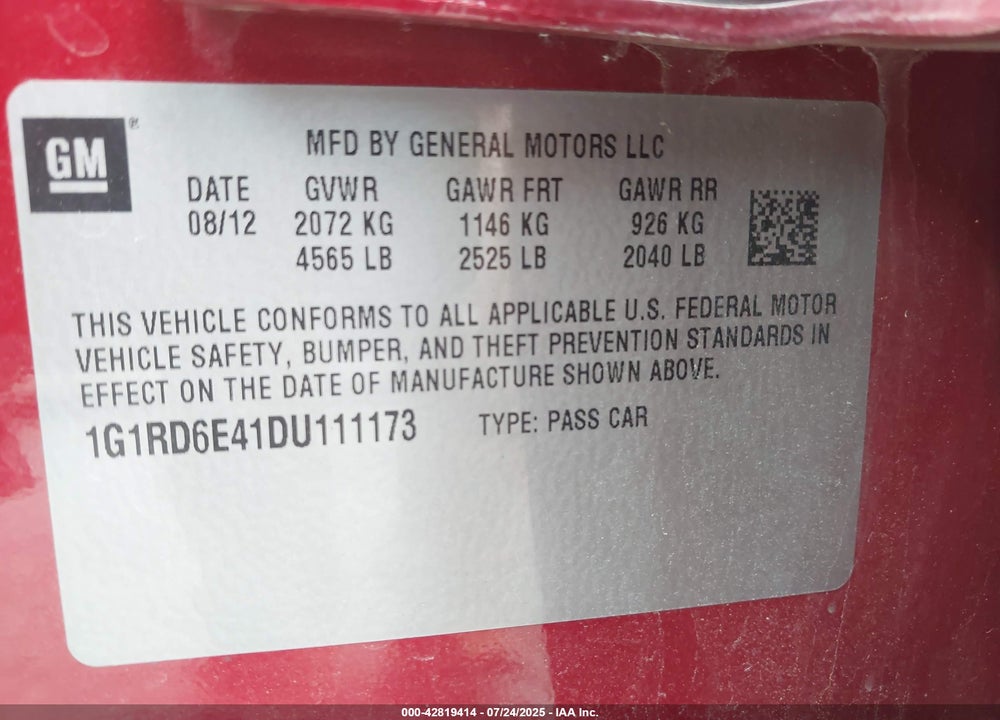 2013 CHEVROLET VOLT VIN: 1G1RD6E41DU111173