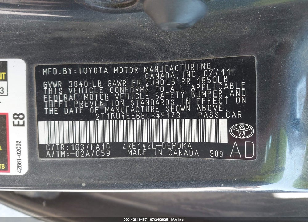 2011 TOYOTA COROLLA VIN: 2T1BU4EE6BC649173