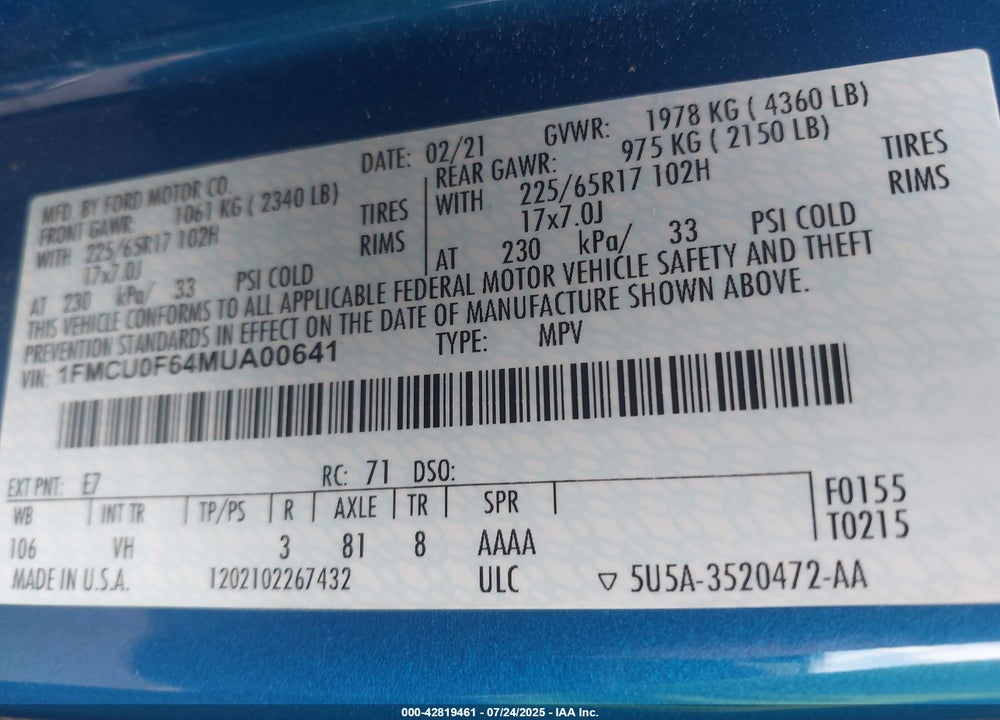 2021 FORD ESCAPE VIN: 1FMCU0F64MUA00641