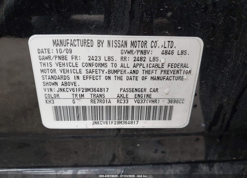 2009 INFINITI G37X VIN: JNKCV61F29M364817
