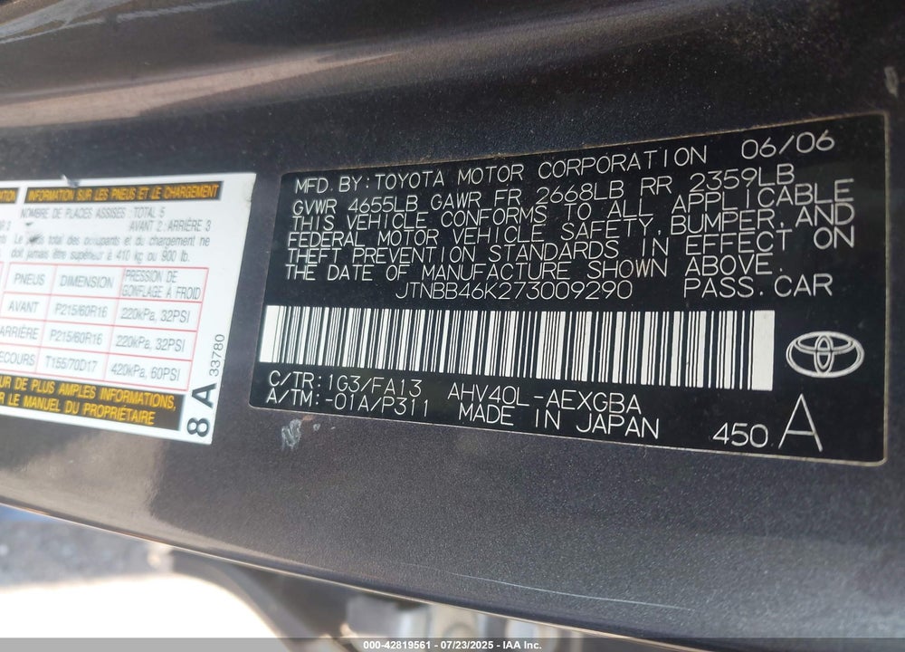 2007 TOYOTA CAMRY HYBRID VIN: JTNBB46K273009290