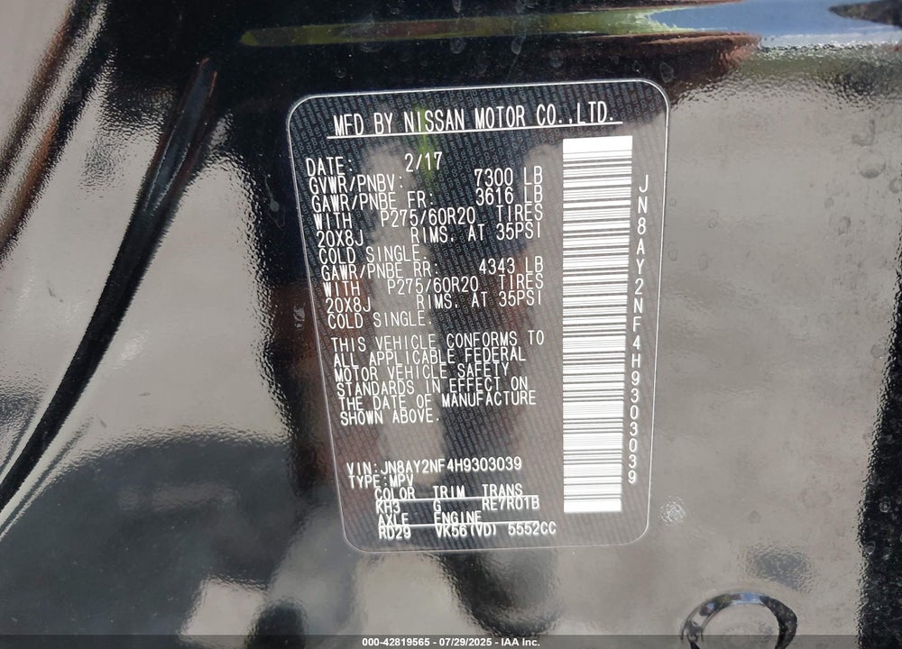 2017 NISSAN ARMADA VIN: JN8AY2NF4H9303039