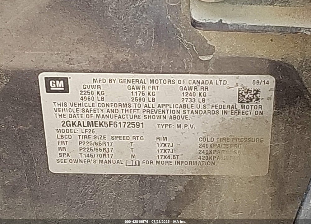 2015 GMC TERRAIN VIN: 2GKALMEK5F6172591