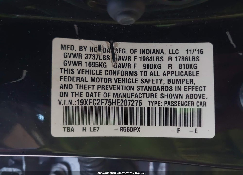 2017 HONDA CIVIC VIN: 19XFC2F75HE207276