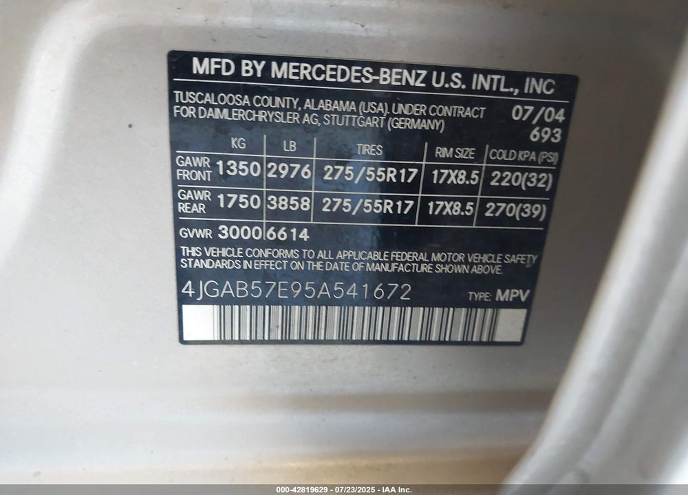 2005 MERCEDES-BENZ ML 350 4MATIC VIN: 4JGAB57E95A541672