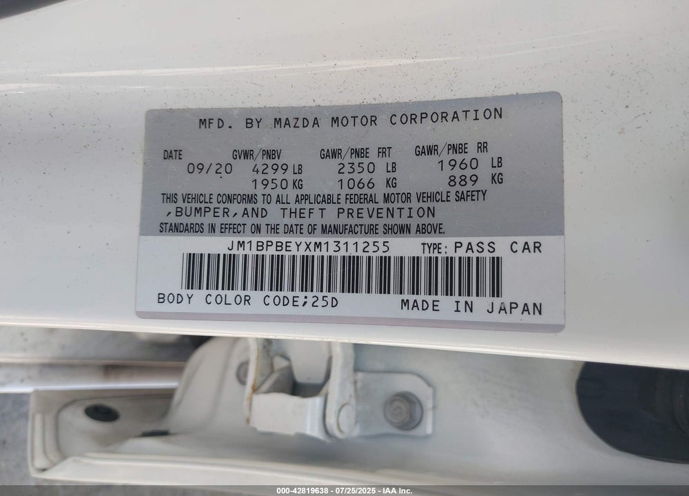 2021 MAZDA 3 VIN: JM1BPBEYXM1311255
