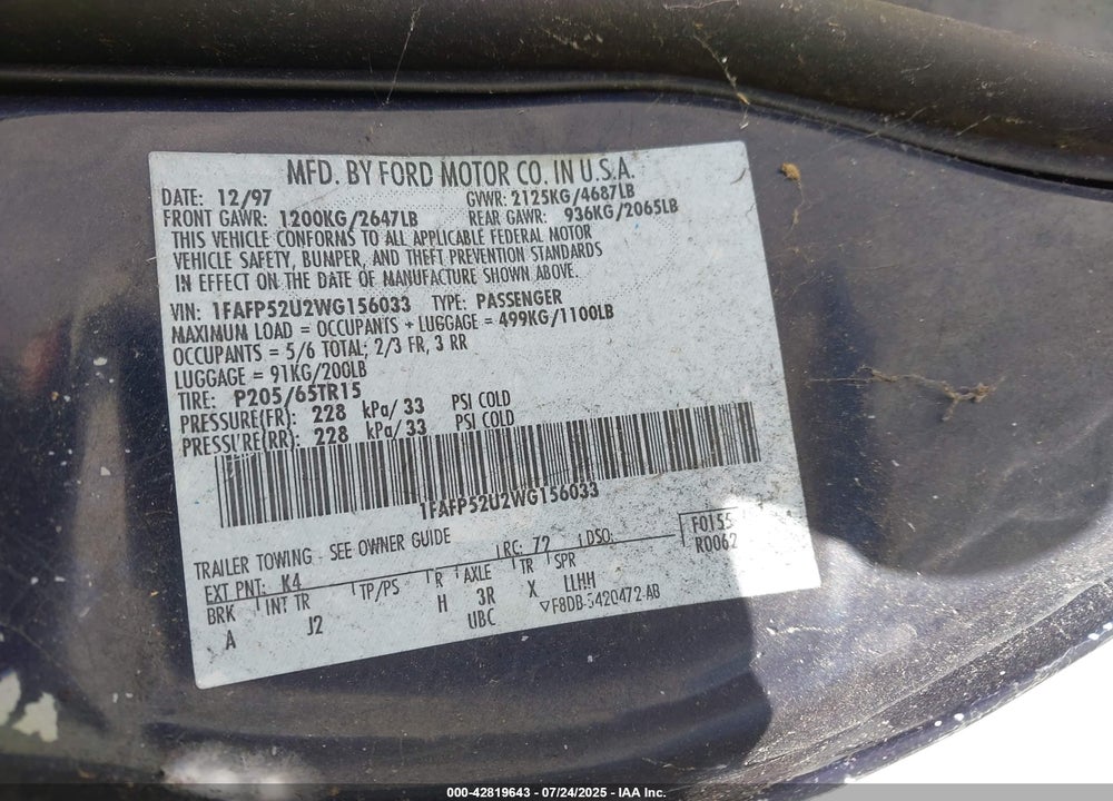 1998 FORD TAURUS VIN: 1FAFP52U2WG156033
