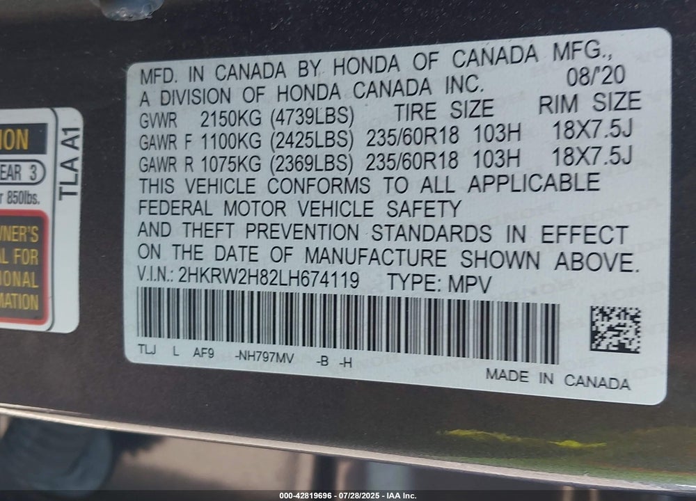 2020 HONDA CR-V AWD EX-L VIN: 2HKRW2H82LH674119