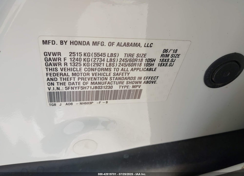 2018 HONDA PILOT VIN: 5FNYF5H71JB031230