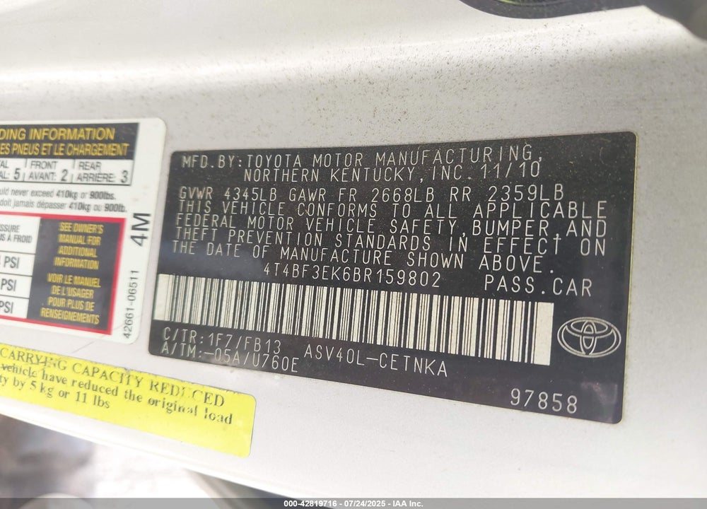 2011 TOYOTA CAMRY VIN: 4T4BF3EK6BR159802