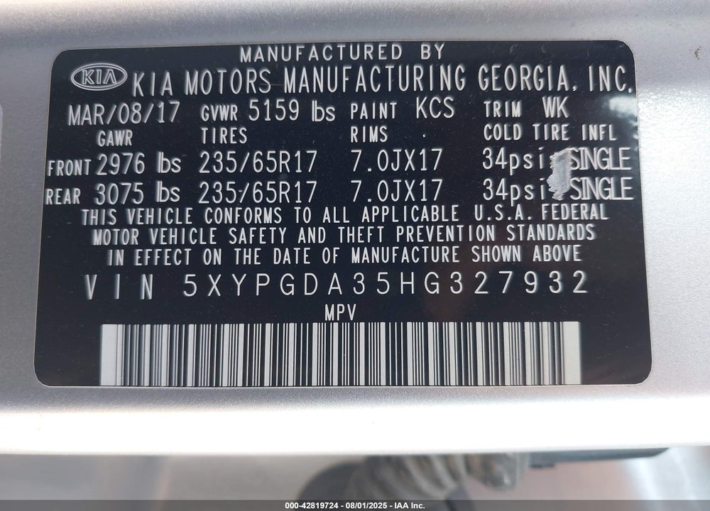 2017 KIA SORENTO VIN: 5XYPGDA35HG327932