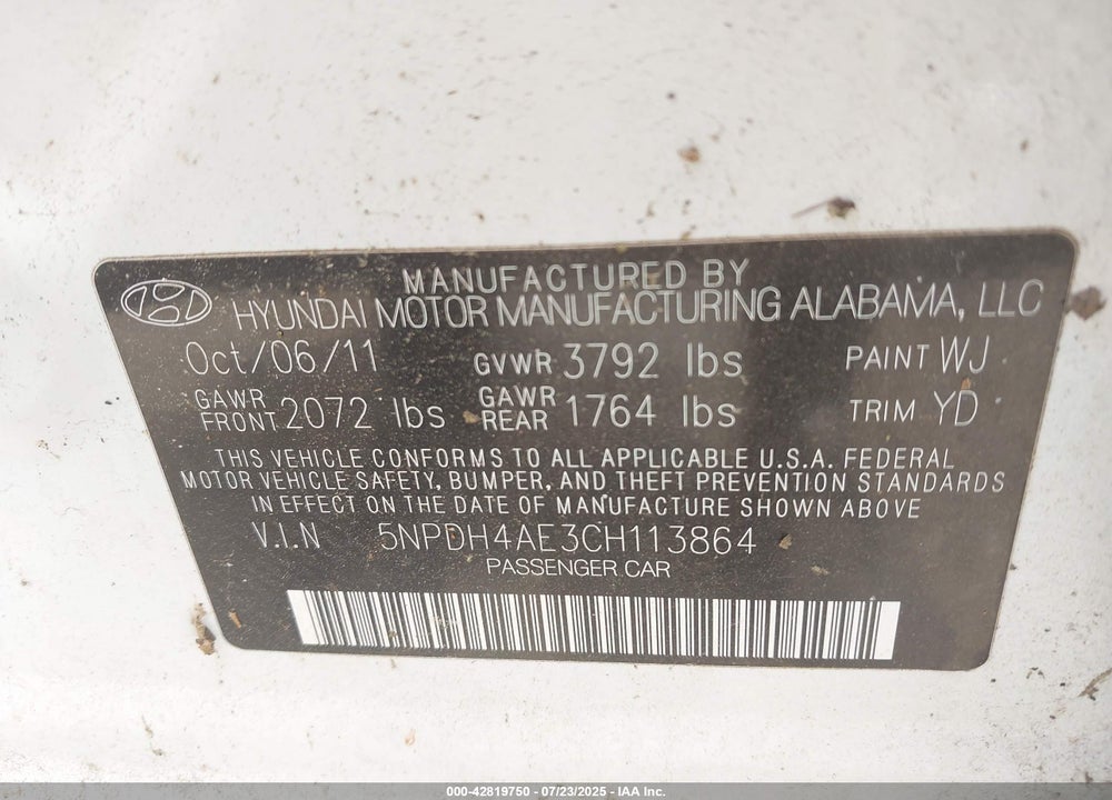 2012 HYUNDAI ELANTRA VIN: 5NPDH4AE3CH113864