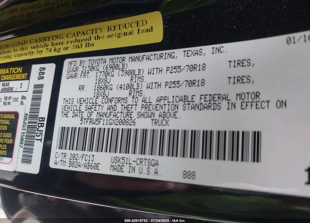 2016 TOYOTA TUNDRA SR5 5.7L V8 VIN: 5TFRW5F11GX200826