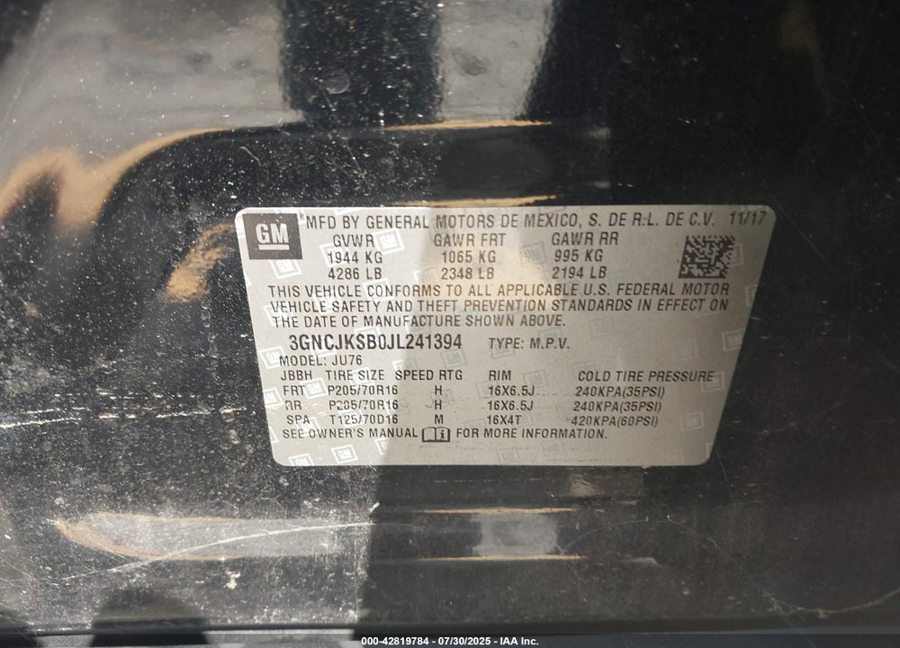 2018 CHEVROLET TRAX VIN: 3GNCJKSB0JL241394